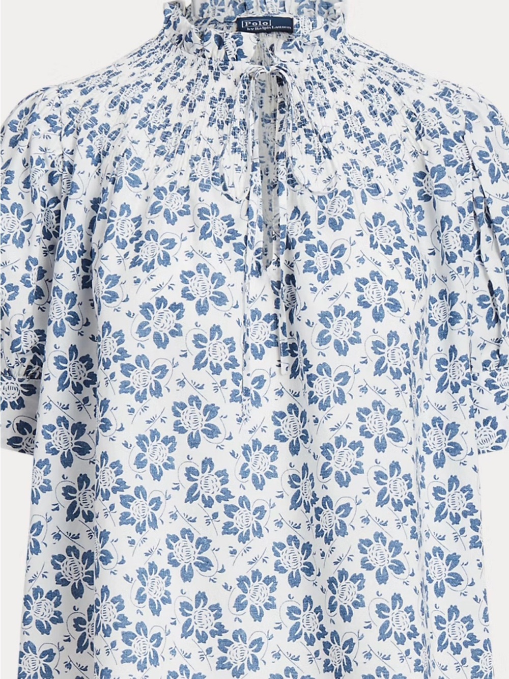 Polo by Ralph Lauren White Top with Blue Floral Print and Tie Neck